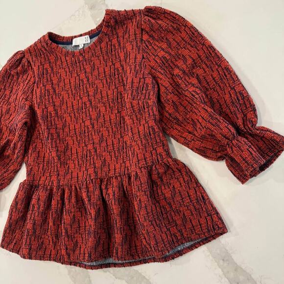 Ro & De Anthropologie Red Boucle Peplum Blouse Top Women’s Small Balloon Sleeve - Picture 2 of 5
